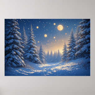 Snöig tallskog under en stjärnklar natt himmel poster