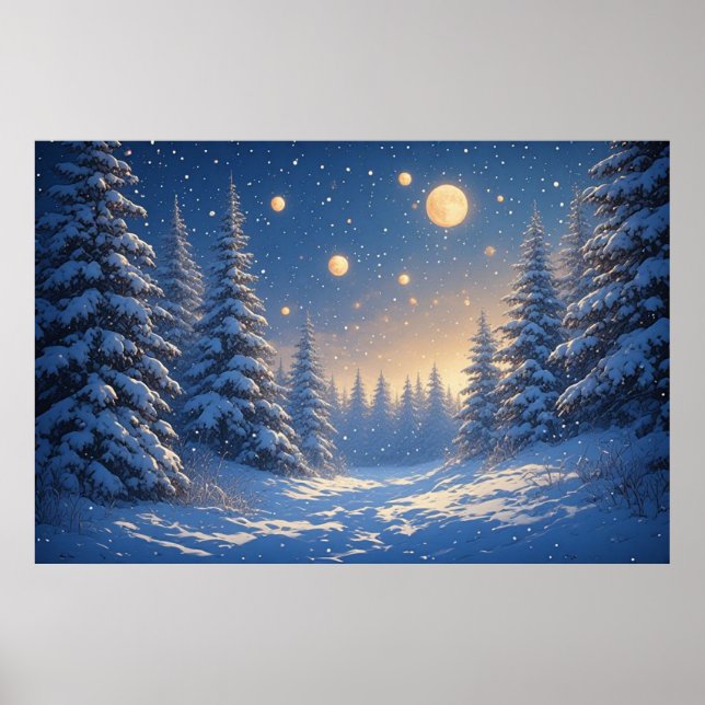 Snöig tallskog under en stjärnklar natt himmel poster (Framsidan)