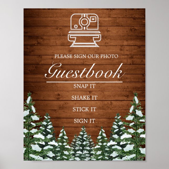 Snöig trä- och skogsfotogästbok Bröllopsskylt Poster (Framsidan)