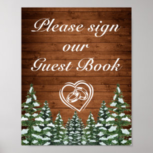 Snöig trä- och skogslandskap Tall bröllopsskylt Poster