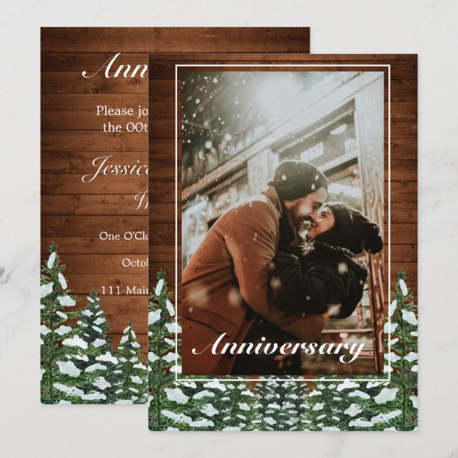 Snöig trä- och tallskogsbild för bröllopsjubileum inbjudningar (Fram/baksida)