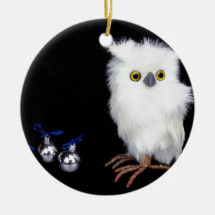 Snöig ugglafigurine för vit med silverjul julgransprydnad keramik