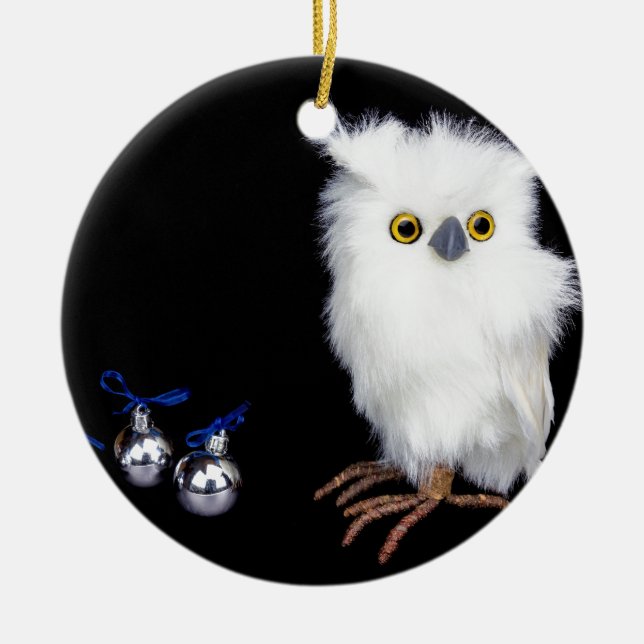 Snöig ugglafigurine för vit med silverjul julgransprydnad keramik (Framsidan)