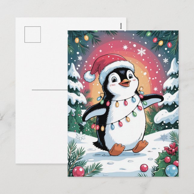 Snöig vacker pingvin i tomteluva jul  helg vykort (Fram/baksida)