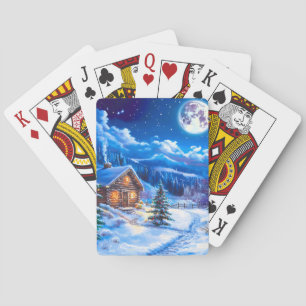 Snöig vinter jul måne natt stuga casinokort