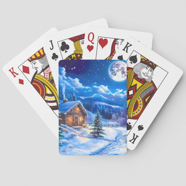 Snöig vinter jul måne natt stuga casinokort (Baksidan)