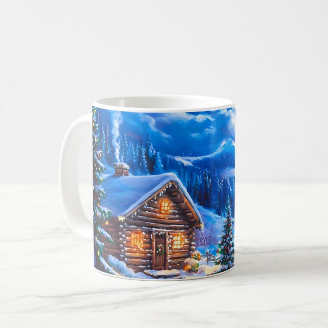 Snöig vinter jul måne natt stuga kaffemugg (Framsida vänster)