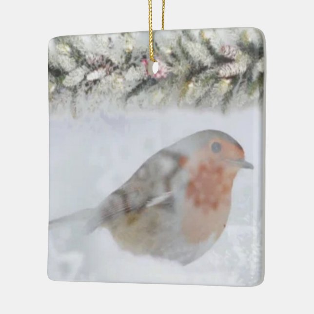 Snöig vinter jul rödhake fågel julgransprydnad keramik (Vänster)