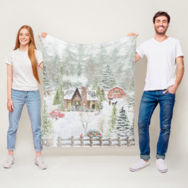 Snöig vinter julstuga scen fleecefilt
