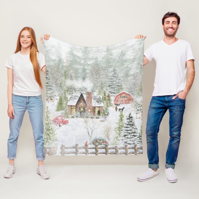 Snöig vinter julstuga scen fleecefilt (På plats)