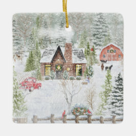 Snöig vinter julstuga scen julgransprydnad keramik