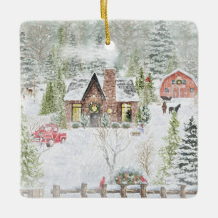 Snöig vinter julstuga scen julgransprydnad keramik