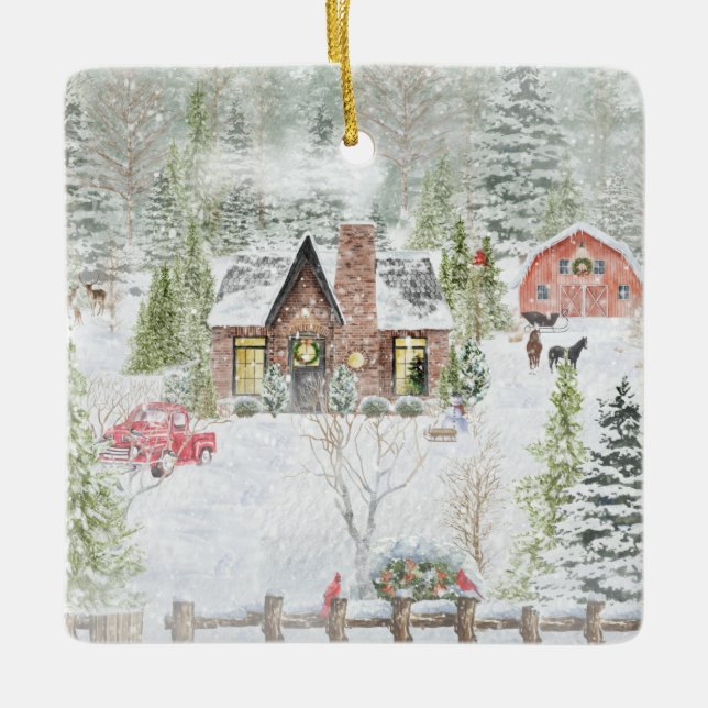 Snöig vinter julstuga scen julgransprydnad keramik (Framsida)