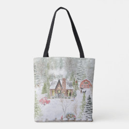 Snöig vinter julstuga scen tygkasse