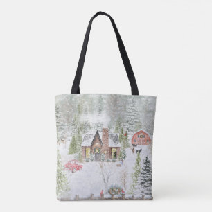 Snöig vinter julstuga scen tygkasse