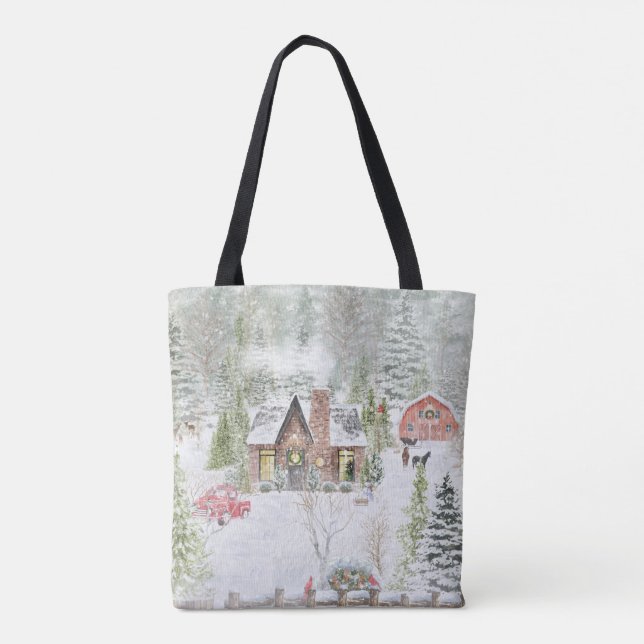 Snöig vinter julstuga scen tygkasse (Baksida)