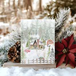 Snöig vinter julstuga scen vykort
