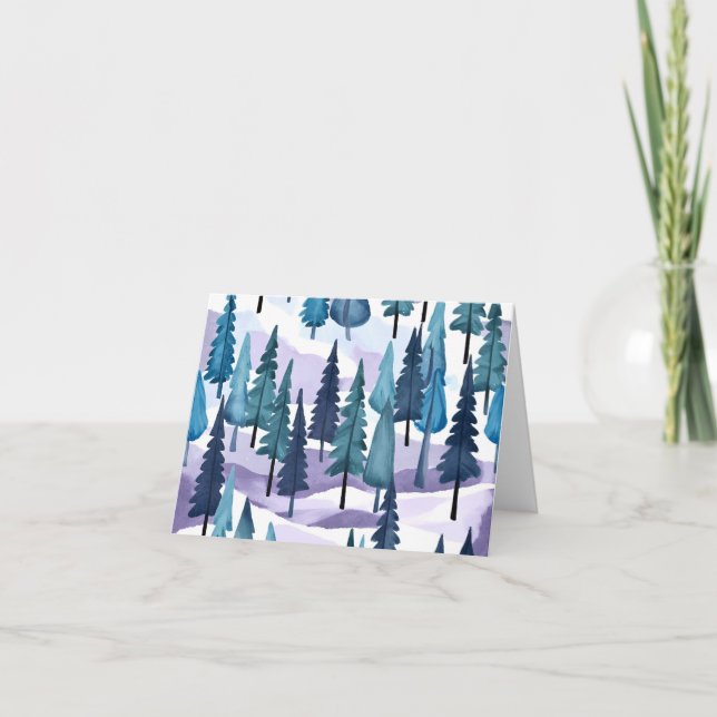 Snöig vinter skog | Lila jul akvarell Helgkort (Framsida)