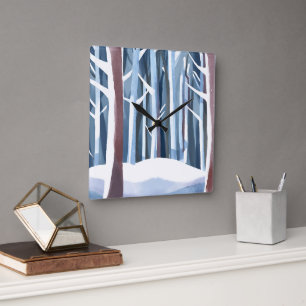 Snöig vinter skog Modern enkel akvarell Fyrkantig Klocka
