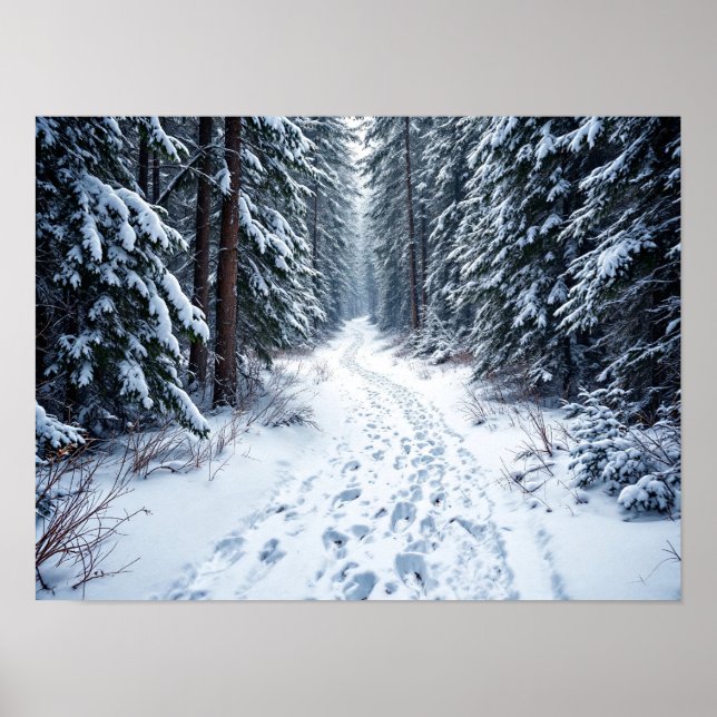 Snöig vinter skog stig med fotspår vandring poster (Framsidan)