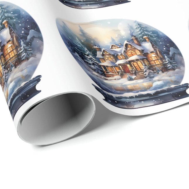 Snöig Vinter Vattenfärg Jul Hus Glob Presentpapper (Rullad Hörn)