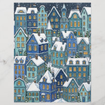 Snöig vintersby Blå hus Scrapbookpapper