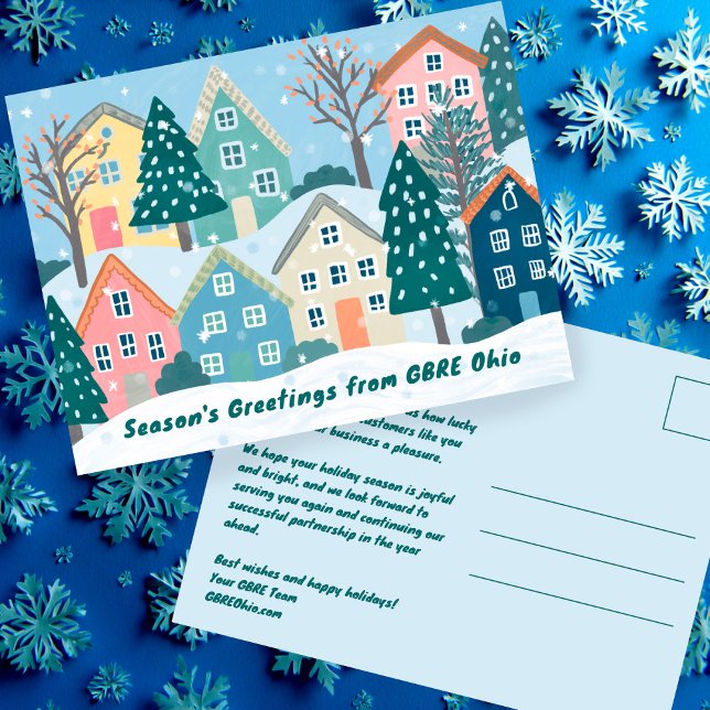 Snöig vintersby Holiday jul CUSTOM Vykort (Snowy Winter Village Holiday Christmas CUSTOM Illustration Non-Photo Business Customer Postcard
)