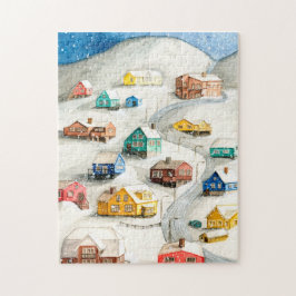 Snöig vintersbykonst pussel