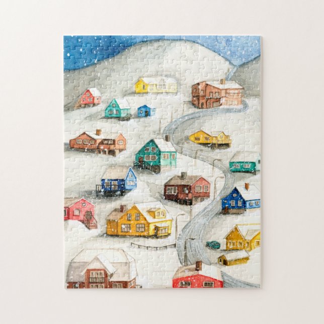 Snöig vintersbykonst pussel (Vertikal)