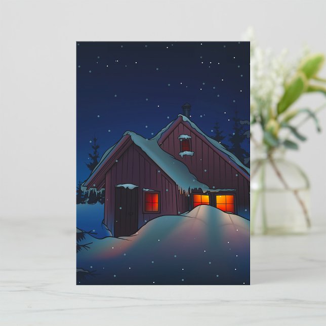 Snöig vinterstugescen nattetid inbjudningar (Skapare uppladdad)