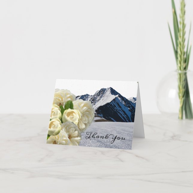 Snöiga bergstoppar och blommor tack kort (Framsida)