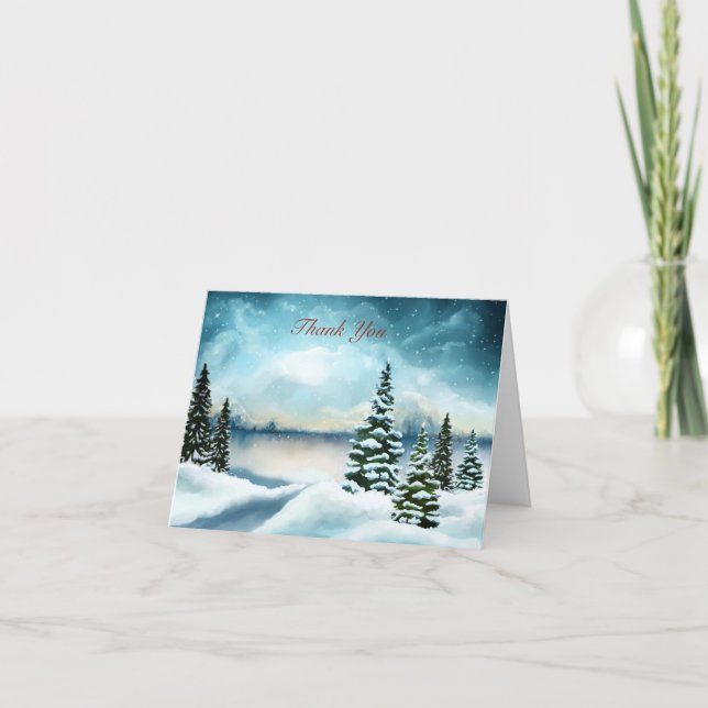 Snöiga tallar nära en sjö anteckningskort (Framsida)