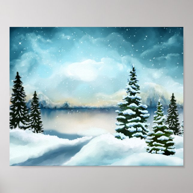 Snöiga tallar nära en sjö   poster (Framsidan)