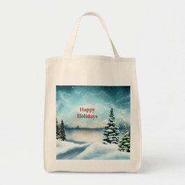 Snöiga tallar nära en sjö tygkasse