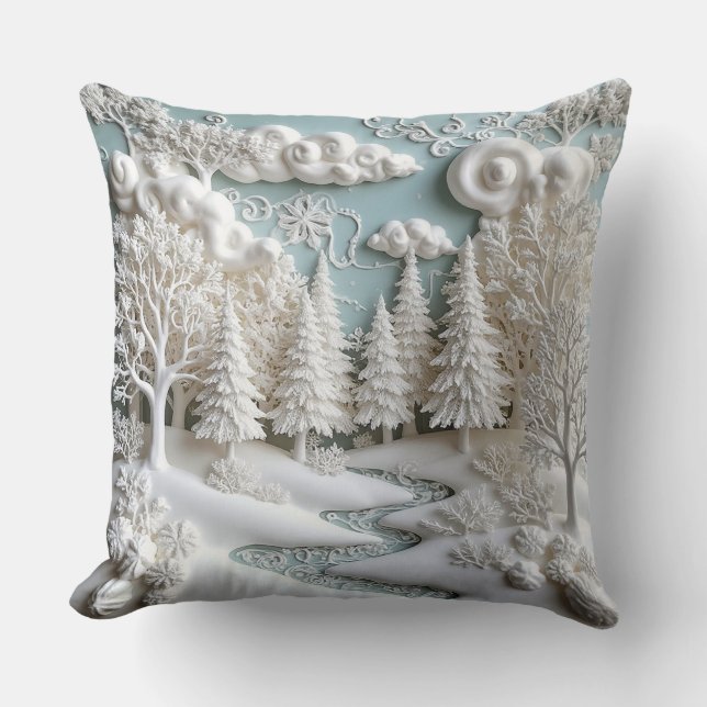 Snöiga träd och frostiga mönster kudde (Framsida)