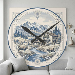Snöigt alpblått bergslandskap rustik stuga rund klocka