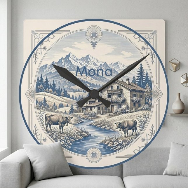 Snöigt alpblått bergslandskap rustik stuga rund klocka (Snowy Alpine Blue Mountain Landscape Rustic Chalet Round Clock)