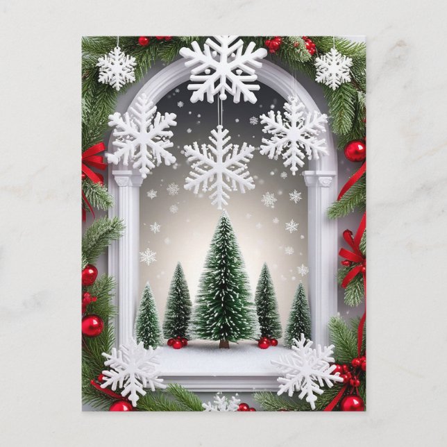❄️ Snöigt fönster julgran röda dekorationer Vykort (Framsida)