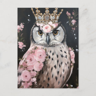 Snöj Uggla med Golden Krona och Rosa Flowers Vykort