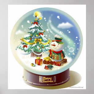 Snöjordklot med snögubben och julgranen poster