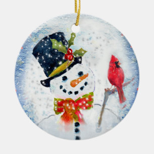 Snöjordklotsnögubbe & kardinal julgransprydnad keramik