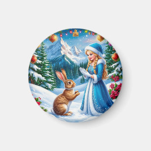 Snöjungfru i vinterscenen med kanin magnet