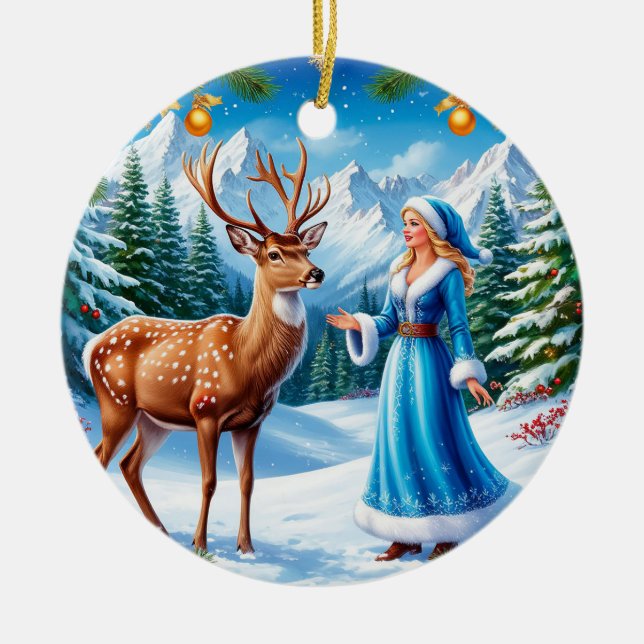 Snöjungfrun förtrollande vinterscen julgransprydnad keramik (Framsidan)
