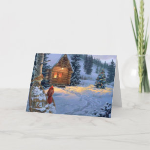 Snökabin med julfåglar helgkort