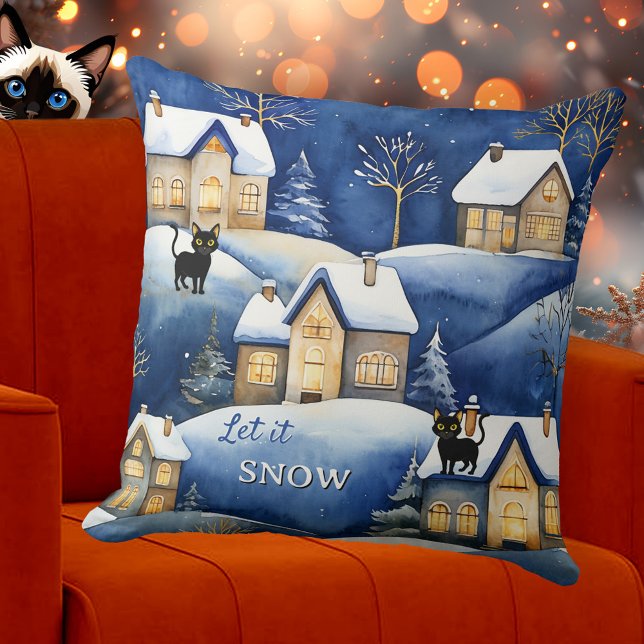 Snölandskap Söt Vinterkatt Kudde (Pillow featuring a painting of a cool snow covered winter landscape with cute cats - Christmas)