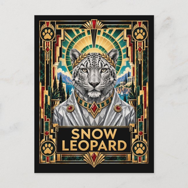 Snöleopard, Art Deco Wildlife Vykort (Framsida)