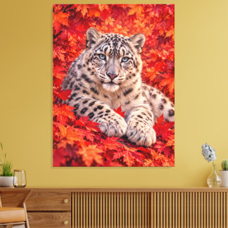 Snöleopard bland höstlönnblad – Wildlife Art Canvastryck