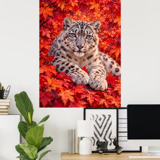 Snöleopard bland höstlönnblad – Wildlife Art Poster