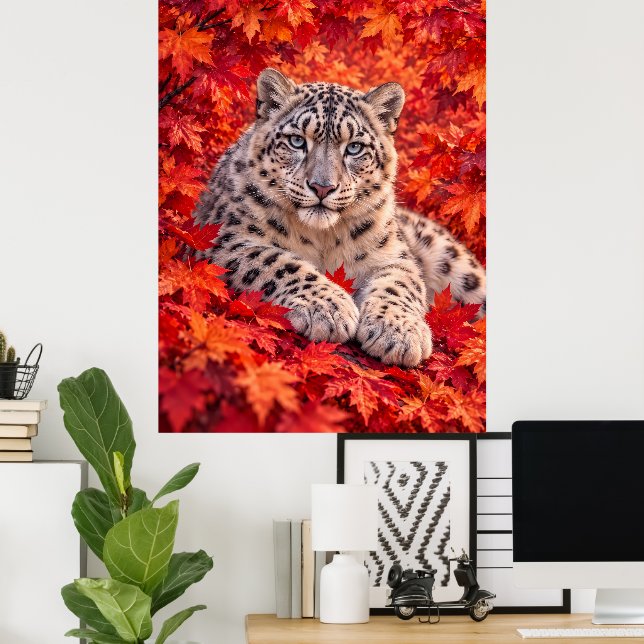 Snöleopard bland höstlönnblad – Wildlife Art Poster (Hemmakontoret)