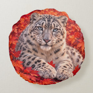 Snöleopard bland höstlönnblad – Wildlife Art Rund Kudde